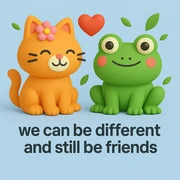 A 3D iOS style illustration of a cat and a frog together, with a flower on the cat's head and a heart floating between them, conveying a message of friendship. The scene should have a light blue background with some green leaves scattered around. Include the text "we can be different and still be friends" at the bottom. sticker