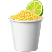 A white plastic cup filled whit yellow corn kernels, topped with grated cheese, white cream, chili powder, and a plastic spoon, with a hint of lime sticker