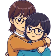 A very sweet Asian brunette girl with bangs,  dark medium hair and glasses and a brunette man with big hazel eyes, protruding ears, a stubble beard and a sharp jaw are hugging. sticker