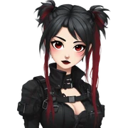 Gorgeous gothic dark techwear anime style lady with blushing face aesthetic and pretty edgy black red punk messy ponytail hair with collar and harness trending style sticker