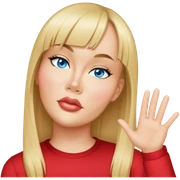 female, wearing red shirt, long mittle-blonde hair with thin bangs sticker