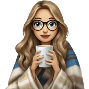 Balayage hair Girl drinking coffee, with a cozy blanket wearing glasses with blue eyes photo beautiful  sticker