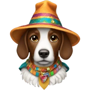 Brown and white doodle with a costume sticker