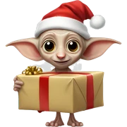 Dobby the house-elf wearing a tiny Santa hat, holding a wrapped gift with his big, joyful eyes shining sticker