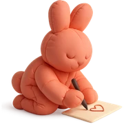 coral bunny kneeling while writing a love letter, cushion style sticker