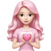 White Barbie girl with long wavy dark brown hair in pale pink clothes holds pale pink heart sticker