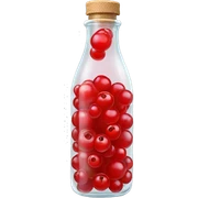 transparent bottle with red fluent, red currant sticker