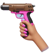 brown hand with pink nails holding large scary dark nerf gun sticker