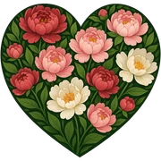 heart with a vibrant peony garden, clean digital illustration sticker