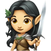 Female middle eastern, forest fairy, wings, pointed elf ears, dark hair, vines, holding medieval sword sticker