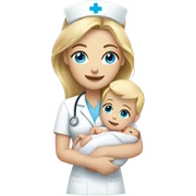 Nurse with straight blonde hair and blue eyes holding newborn baby sticker