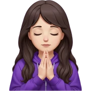Praying hands, white woman with dark-brown long wavy hair and long bangs, closed eyes, wearing a purple hoodie sticker