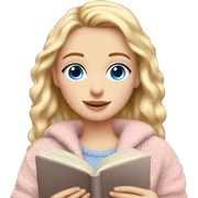 Pretty blue eyed white girl with light pink sweater reading cozy sticker