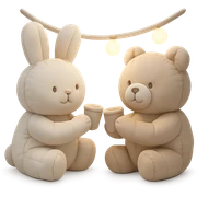 bunny and bear clinking juice cups under string lights, cushion style, soft and plush appearance sticker