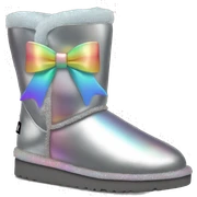 Realistic silver iridescent Ugg boots with pastel rainbow bow. sticker