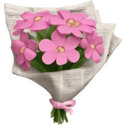 A bouquet of pink flowers wrapped in newspaper sticker