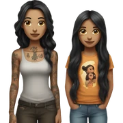 Girl with long black hair and tattoos and daughter with long brown hair sticker