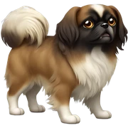 Tibetan Spaniel, dark brown face framed by floppy ears. Brown muzzle.black eyes and dark nose, giving it an alert, curious expression. body mostly white with brown patches and soft, medium-length fur. tail curls upwards, covered in feathery fur sticker