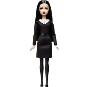 Wednesday Addams Barbie.  Small very light skin face. Black lipstick and eyeshadow. Earrings matching necklaces. Long silky raven hair. neckline that’s off-the-shoulders shows her legs and black high heel. arms up sticker
