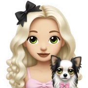 pale blonde girl with long platinum white wavy hair with bright green eyes and wearing a light pink hair bow holding a black and white long haired chihuahua puppy also wearing a hair bow sticker