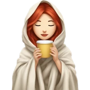 asian girl inside a blanket sipping coffee eyes closed red hair sticker