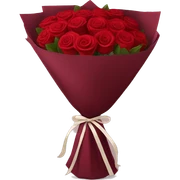 Bouquet of red roses in a burgundy package sticker
