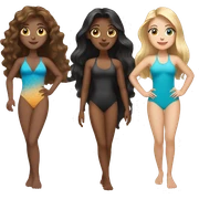 Three women in swimsuits One blonde long hair Blue eyed, One wavy brown long and brown eyes tannish skin, one straight black long hair brown eyes.  sticker