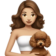 Brunette straight hair girl , in white strapless top holding a brown toy poodle sticker