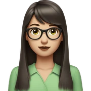 Girl with long dark brown hair and bangs and black glasses pale skin pink shirt green eyes sticker