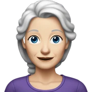 pretty older woman who is 75 years old with white skin, long grey and blonde hair in a ponytail, with dark blue eyes wearing purple top sticker