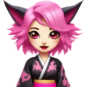 Full body female, succubus kitsune, neon pink eyes, vibrant pink hair, alabaster skin, fluffy black tails, pink tail tips, spiked choker, unique heritage, seductive charm, rebellious spirit, traditional kimonos, spiked anklets, and Barefoot 
 sticker