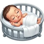 Bebé de 6 días ojos oscuros poquito pelo, durmiendo boca arriba en una cuna gris, tapado con una mantita blanca sticker