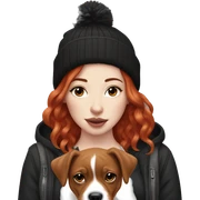 Long Red haired woman in beanie with septum piercing holding black and white English Staffordshire puppy sticker