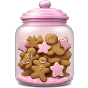 Realistic glass cookie jar with light pink lid full of gingerbread cookies isolated.  sticker