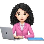 pretty brunnet teacher woman with pink clothes and long mid length black curly hair with laptop  sticker