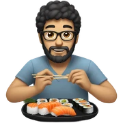 Guy wih beard and blak hear and glasses eating sushi  sticker