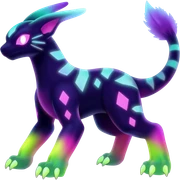 Rare realistic dark-neon glowing bioluminescent edgy badass epic pretty beautiful handsome gorgeous aesthetic colorful vibrant Vernid-Trico-species-Fakemon-creature by LiLaiRa, 4 legs, 1 tail, random markings, (full body) sticker