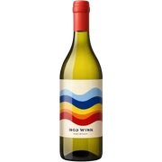 single isolated bottle of natural wine with wavy design in primary colors on the label. bottle is isolated. no glass. sticker