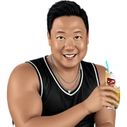 smiling boy with drink and necklace sticker