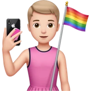 Make a boy in a pink dress hold a gay Flag in one hand and a phone in gis Otter while taking selfie sticker