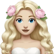 White bride with long light blonde hair and blue eyes with light pink peonies in hair white skin light pink lips sticker