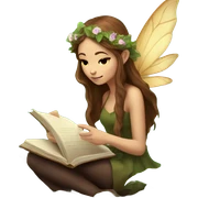female forest fairy, wings, pointed elf ears, long brown hair, reading, stack of books, vines, flowers sticker