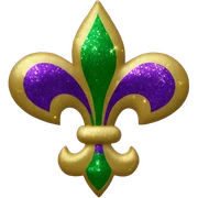 the words “Mardi Gras” with a purple, green and gold glitter fleur de lis  sticker
