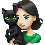 Blue-eyed brunette girl hugging black cat with green eyes sticker