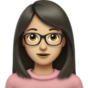 Girl with long dark brown hair and bangs and black glasses pale skin pink sweater green eyes sticker