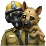 Yellow army Pilot with black mask googles, and then a big hyena kissing him sticker