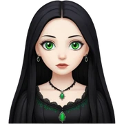 long black hair, green eyes, pale skin, a Gothic dress sticker