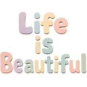 chubby cute font "Life is Beautiful" in soft pastel rainbow, no frame, transparent background, paper craft style sticker
