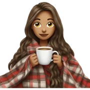 Beautiful girl with long hair wrapped in cozy plaid blanket drinking coffee sticker