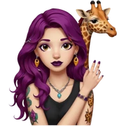 girl with long wavy plum color hair, giraffe tattoo on arm, dark lipstick, piercings sticker